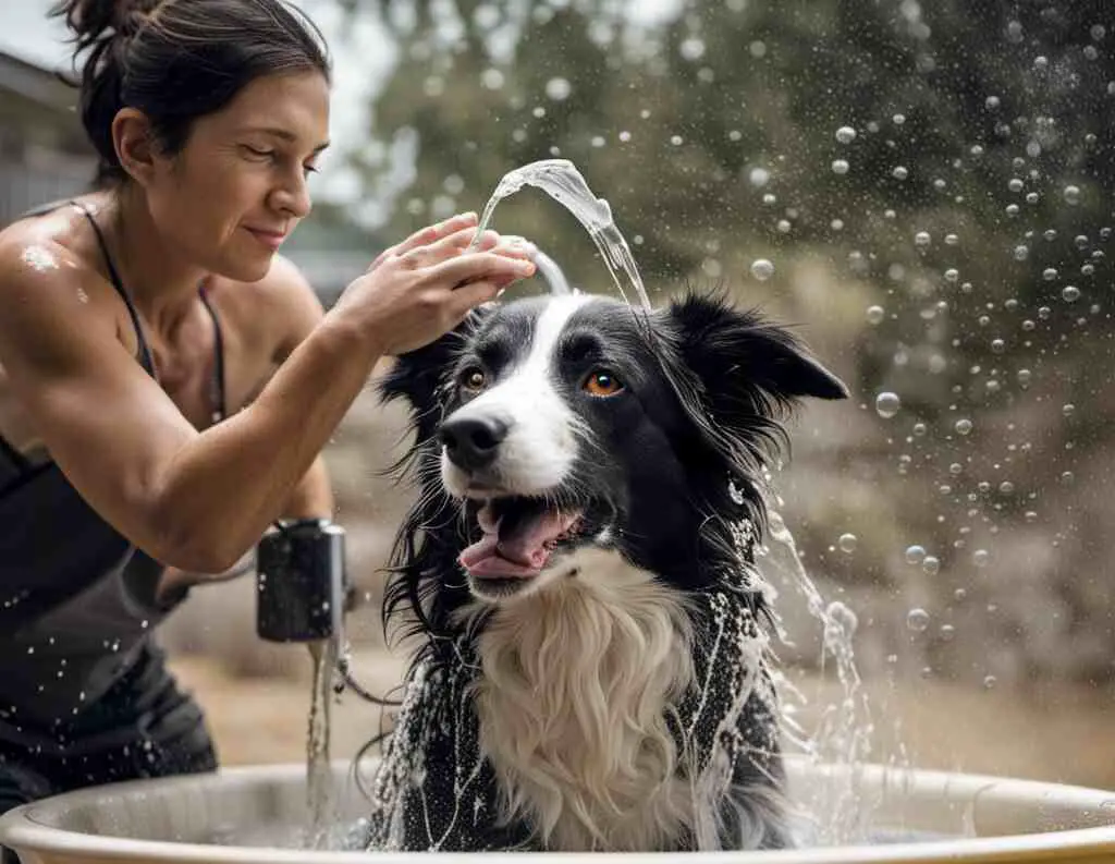 A Border Collie with dry skin being washed by its owner.