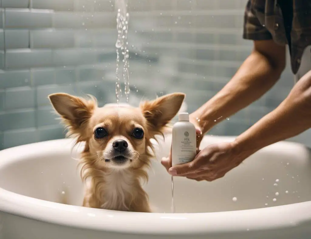 A Chihuahua with dandruff being washed in a bathtub.