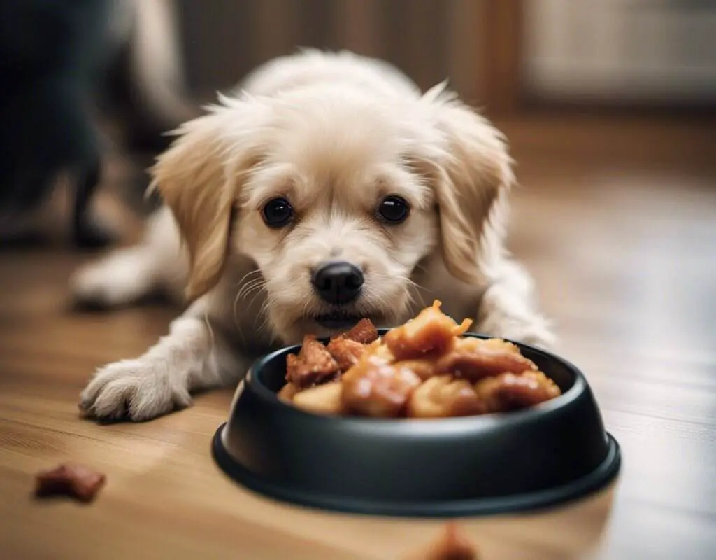 A small dog eating cooked chicken from a bowl.