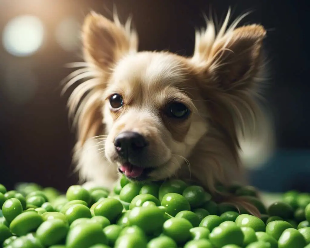 A small dog eats peas.