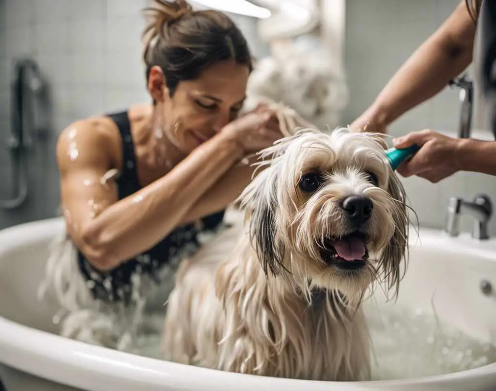 Two people washing an itchy dog in a bathtub.
