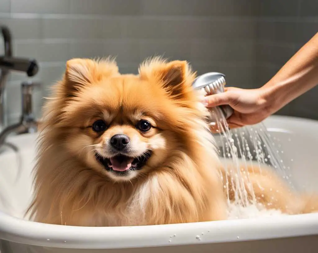 A Pomeranian with dander being washed