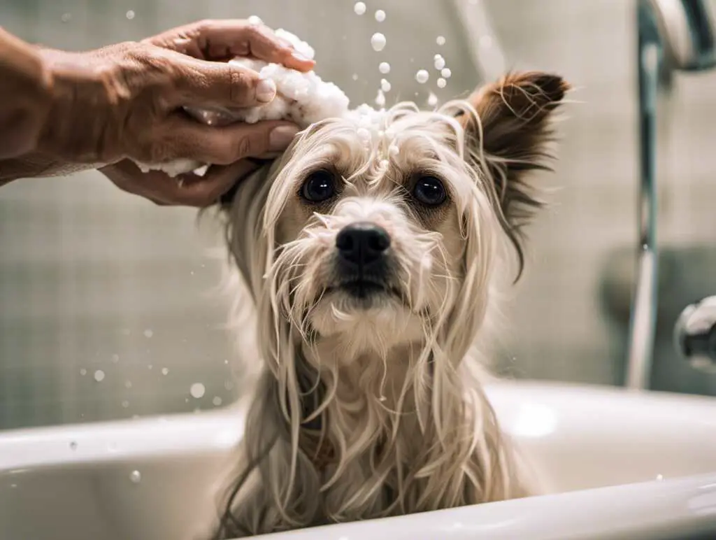 A small white dog being washed in a bathtub.