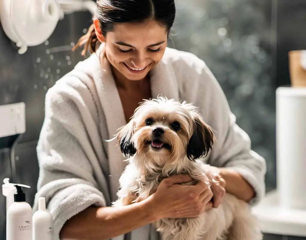 A woman drying up her dog, after a wash.