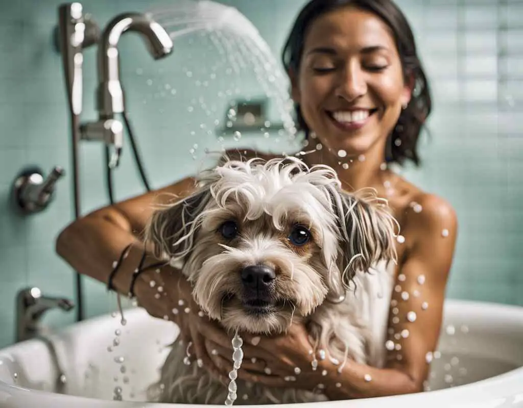 A woman washing a small dog with fleas