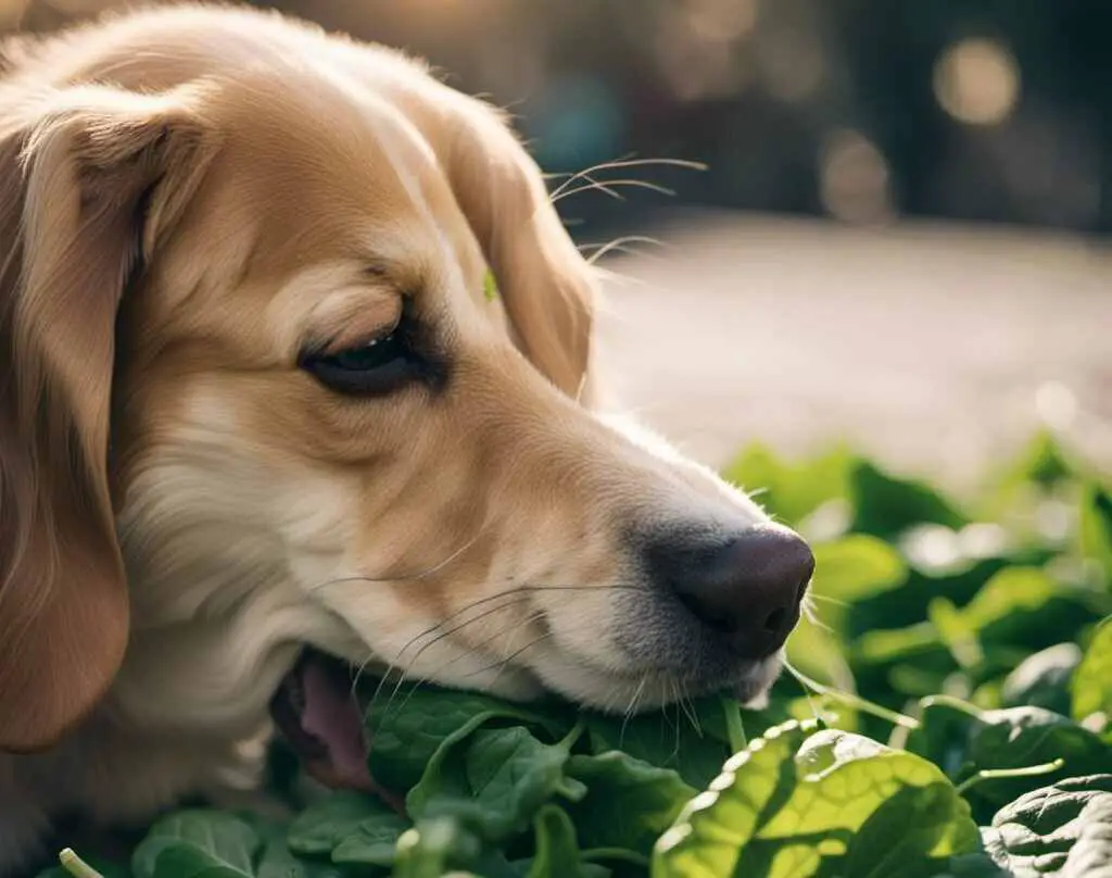A dog eating spinach.