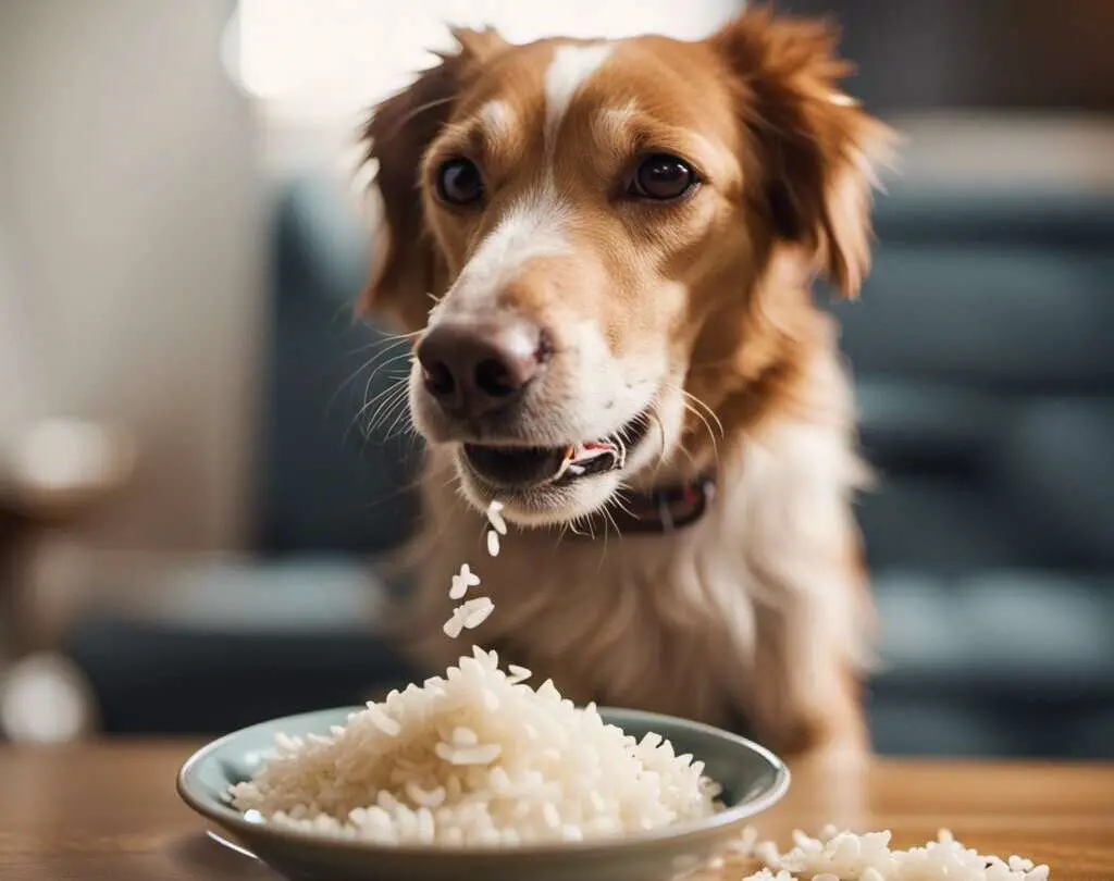 A dog eating rice from a bowl.
