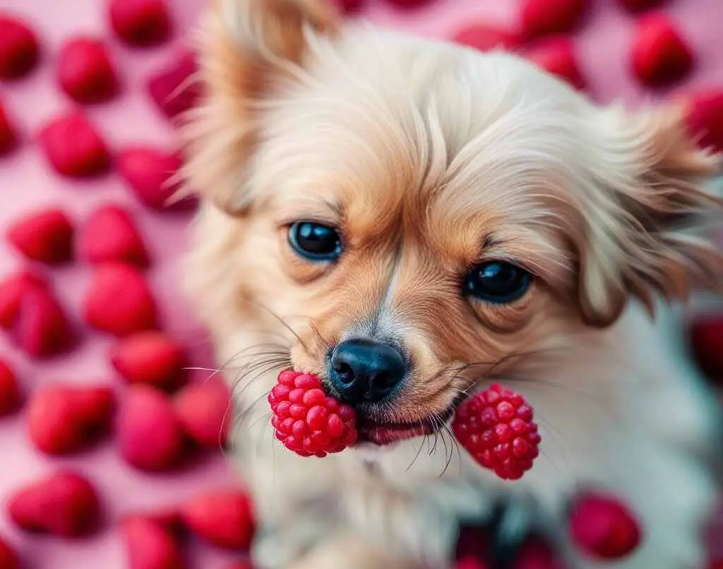 A small dog eating a raspberry.