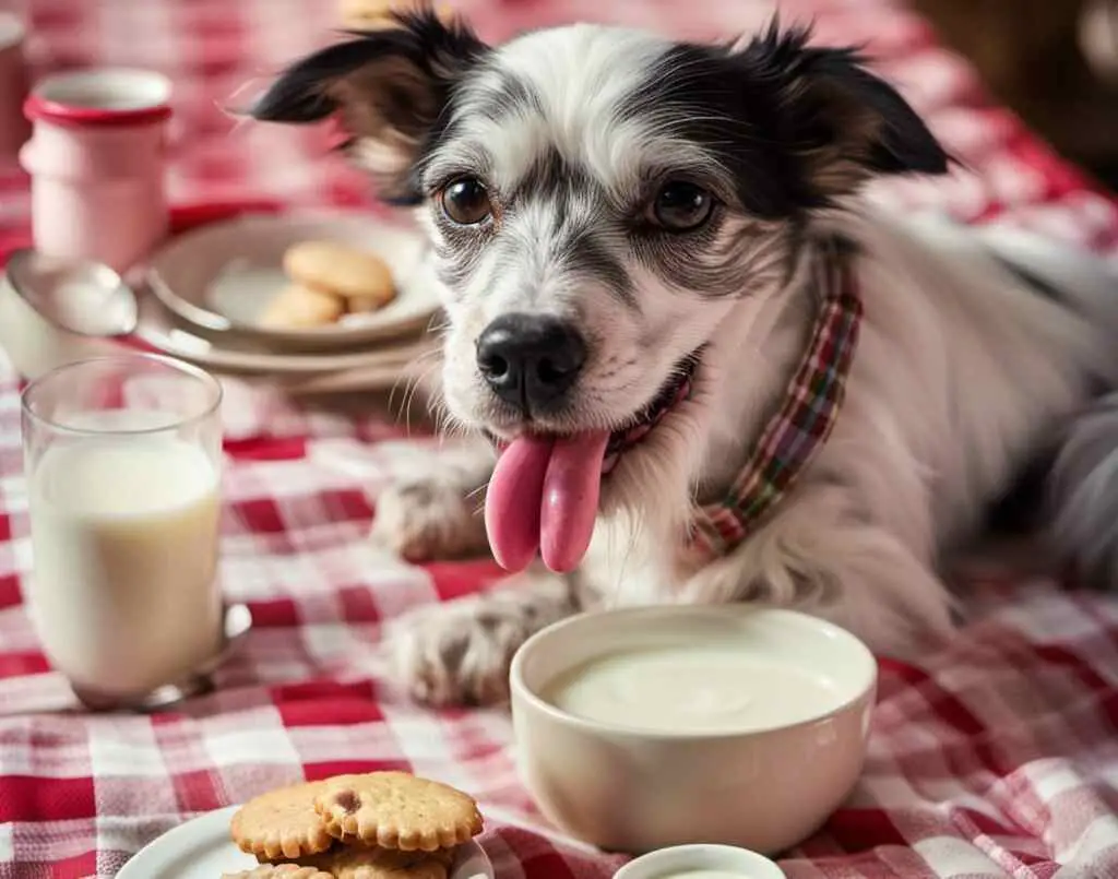 A small dog with milk and cookies.