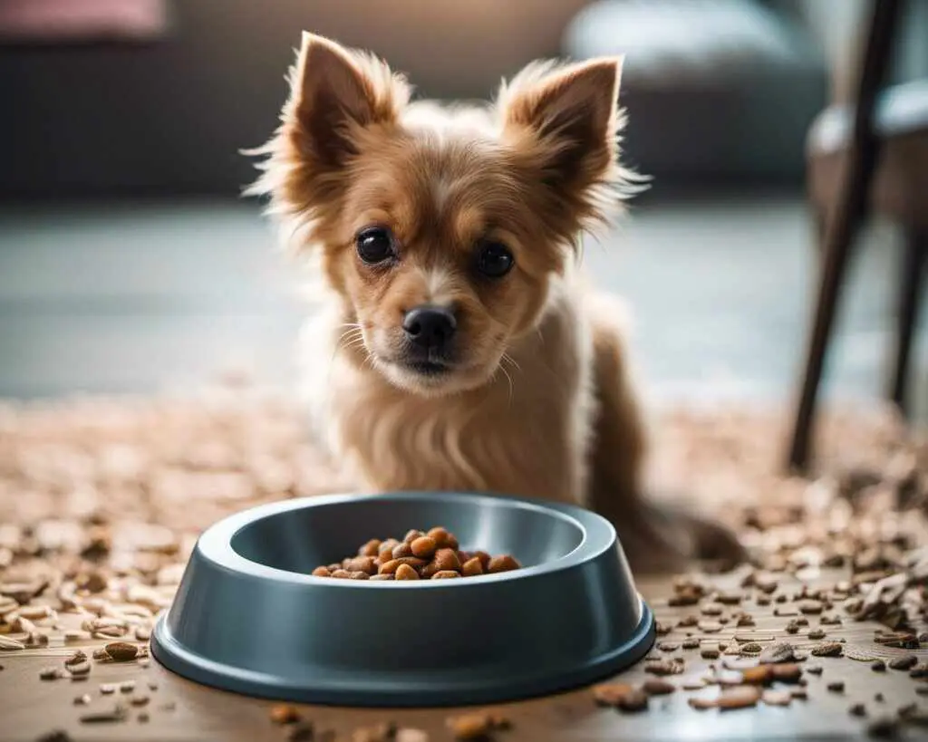 A small dog eating food from a dog bowl.