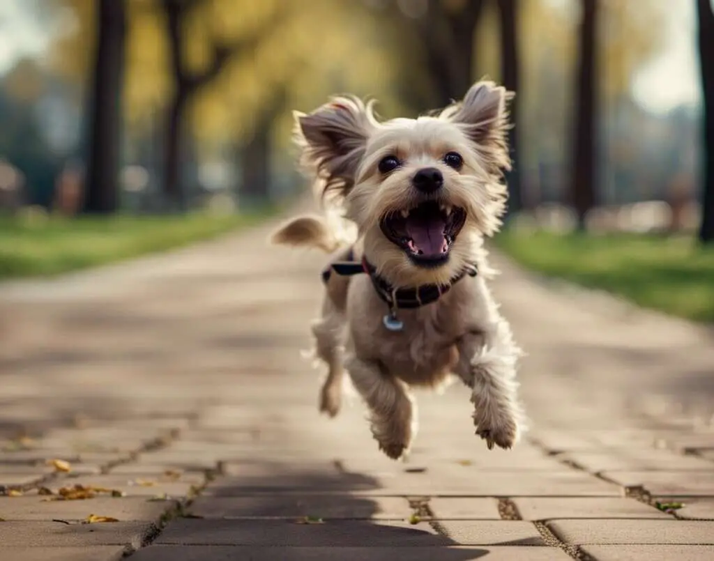 A small dog running around a park.