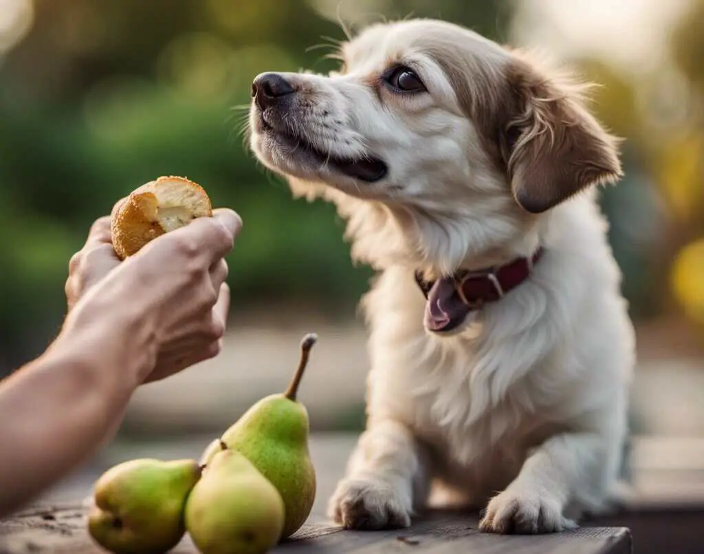 A dog being offered a piece of a pear by its owner.
