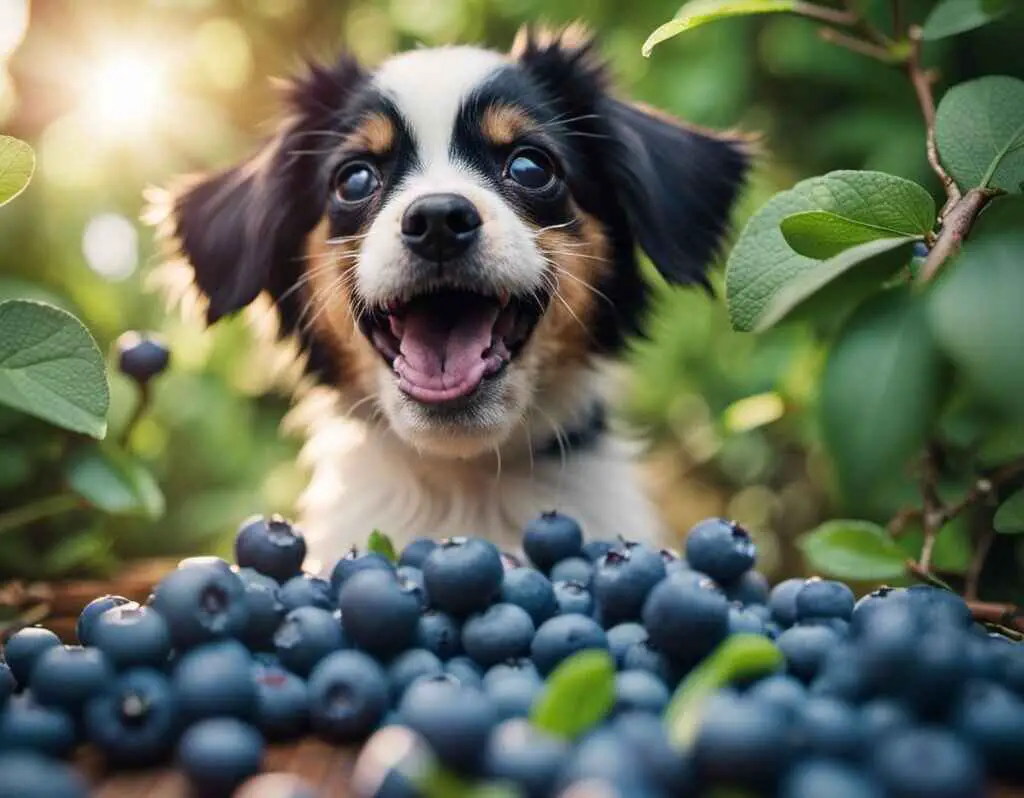 A dog staring at a table full of blueberries.
