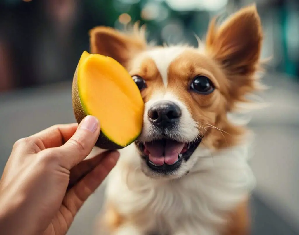 A small dog getting a piece of mango as a treat.