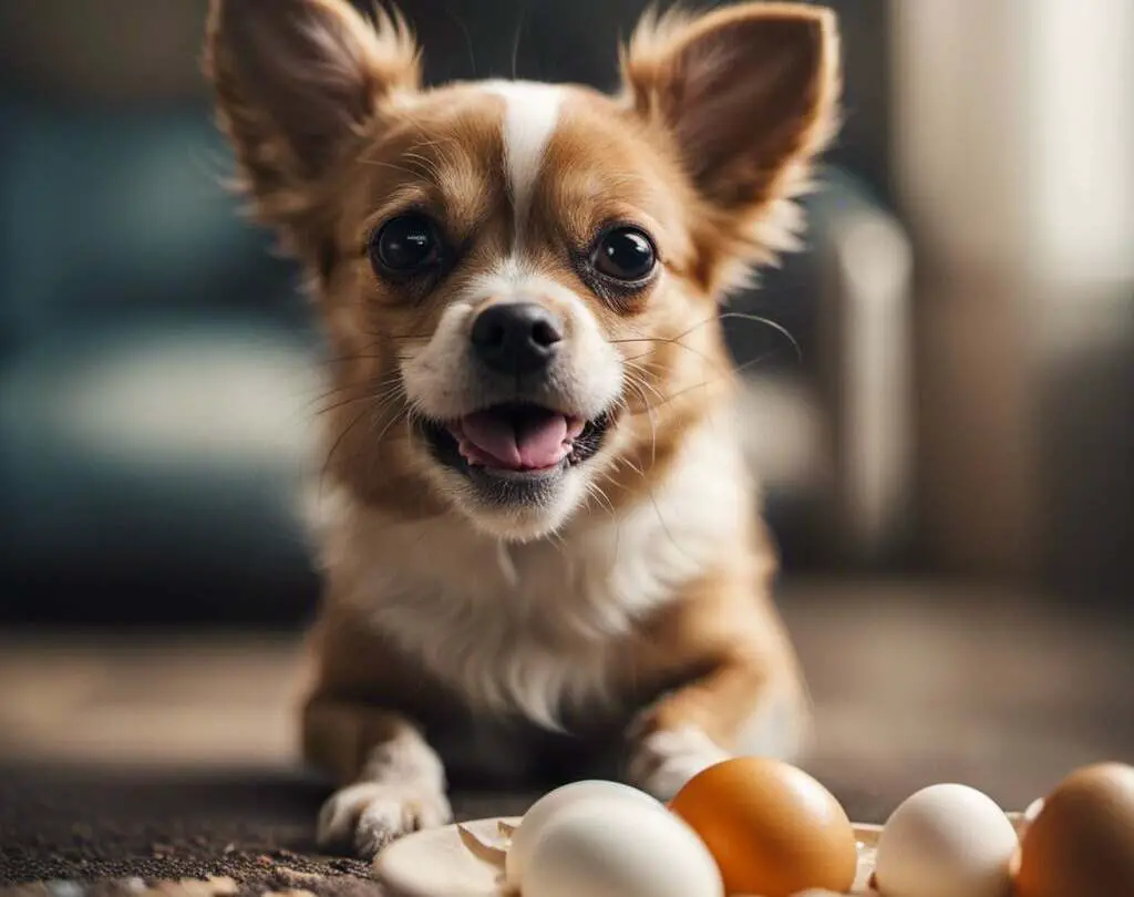 A small dog staring at a carton of eggs on a kitchen table.