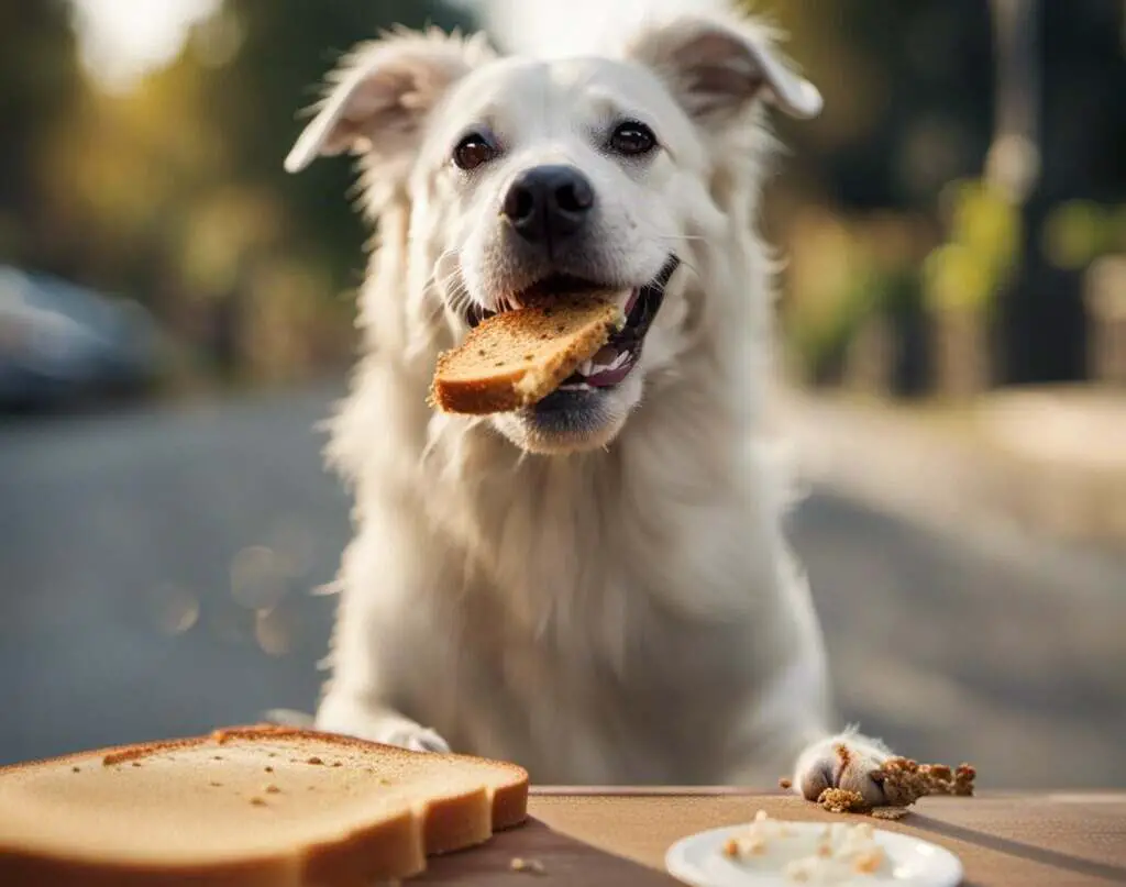 A white dog eating bread off a table.