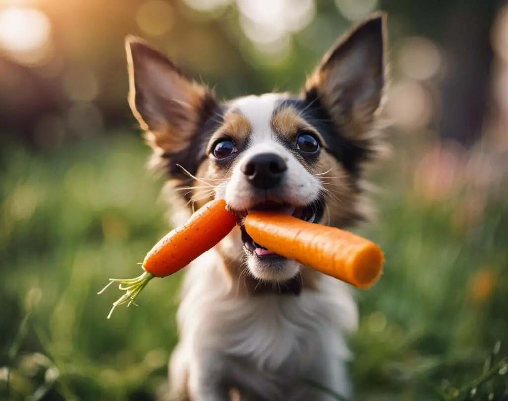A small dog with carrots in its mouth.