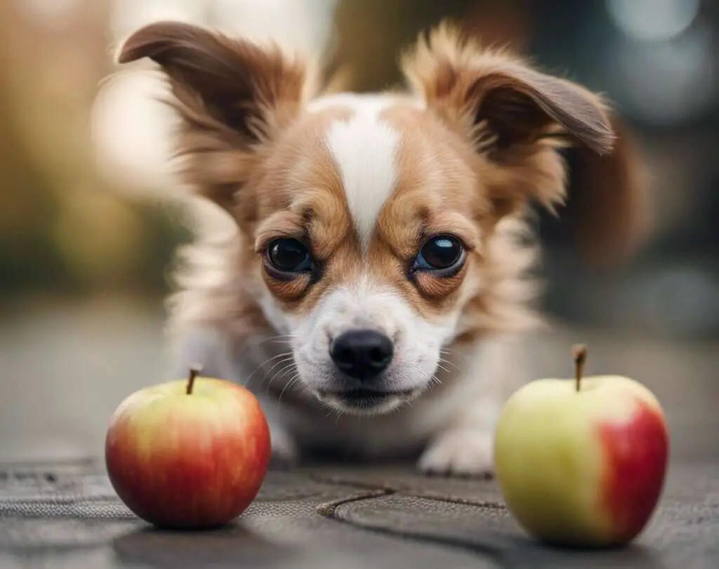 A small dog staring at apples on a table.