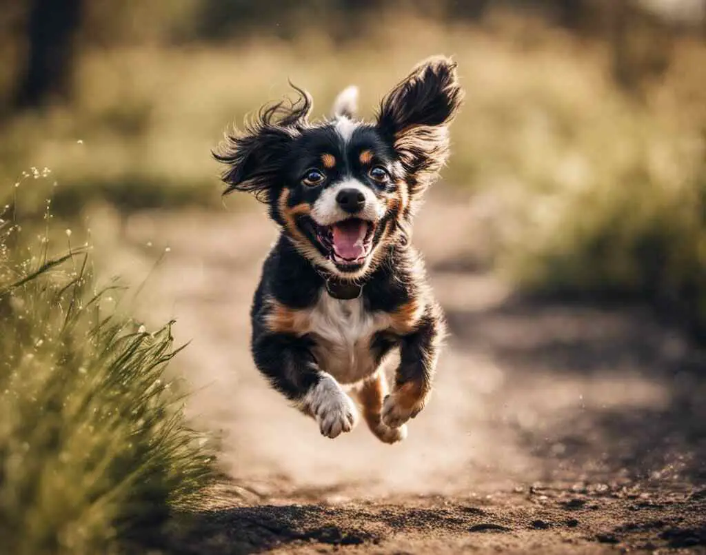A very excited dog running around like a madman.