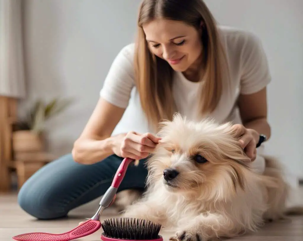 Brushing the excess hair off a shedding dog.
