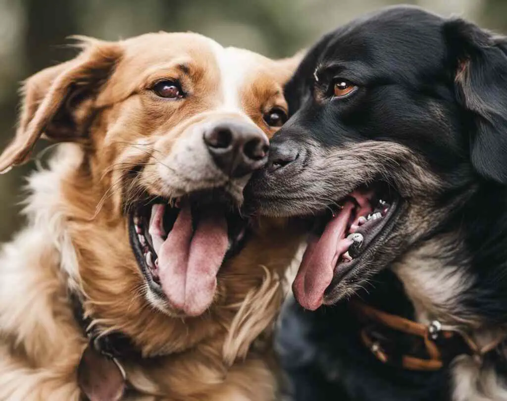 A couple of dogs licking each others ears.
