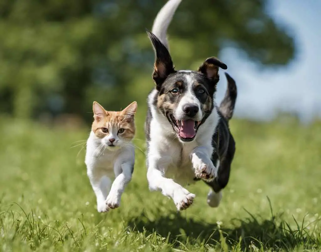 A dog and cat running in the yard.