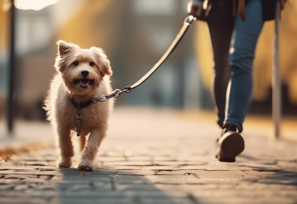 A dog walking perfectly with a leash.