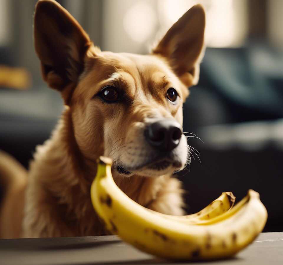 A dog staring at a banana.